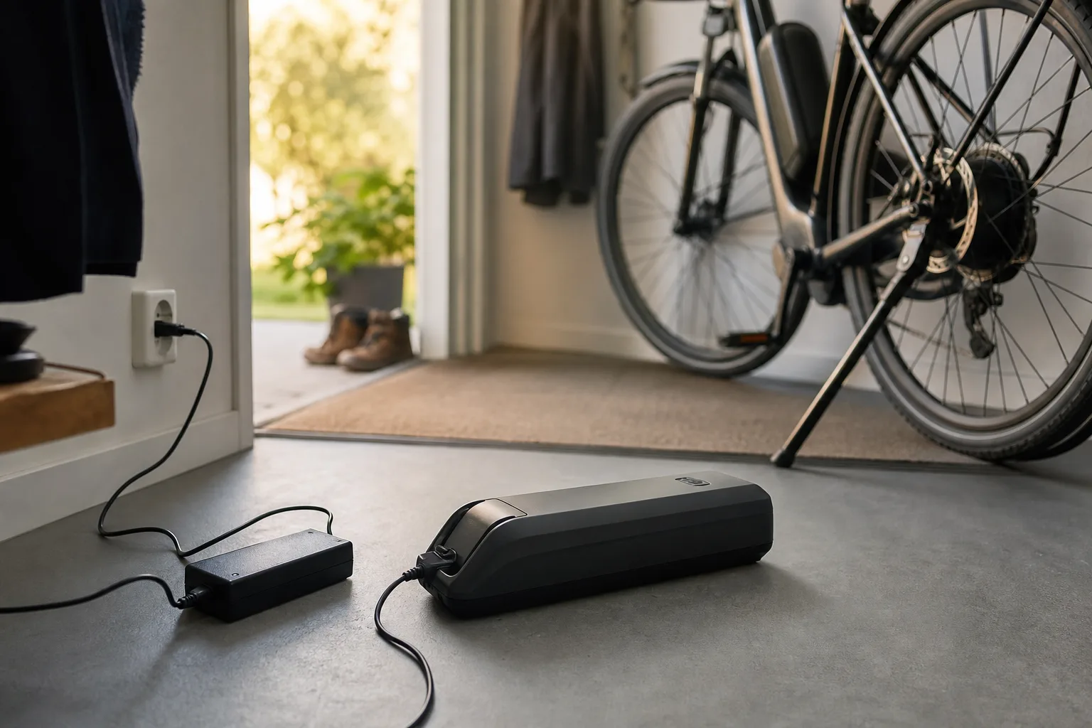 Elcykelbatteri med laddare på hallgolv