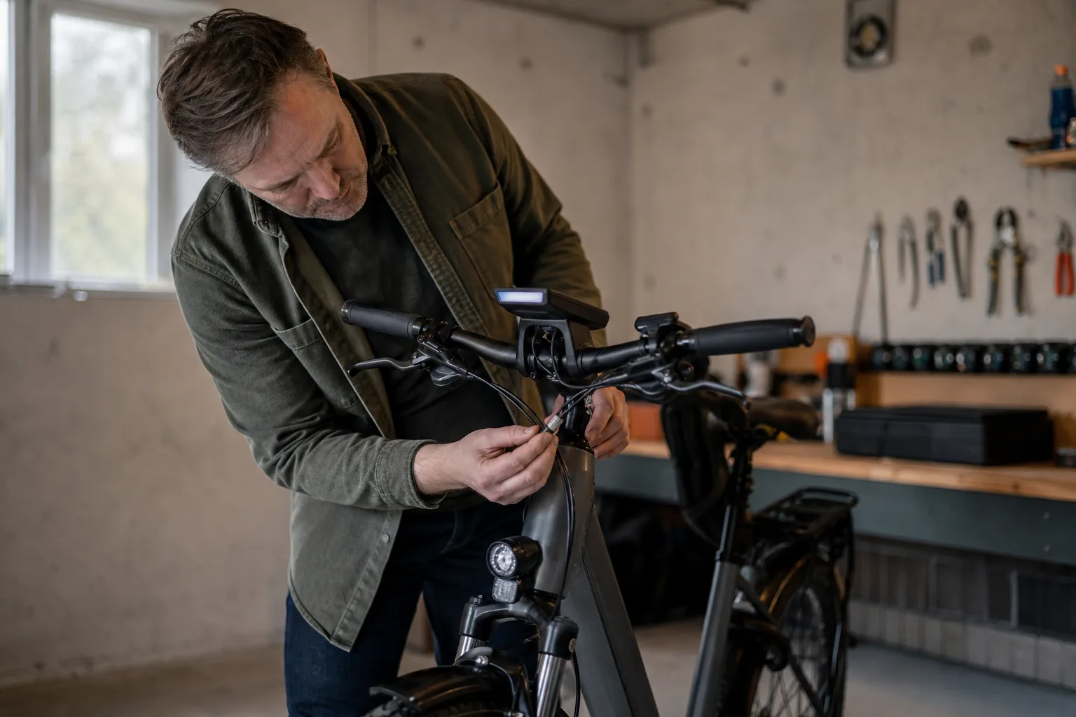Elcykelns display och kabel kontrolleras
