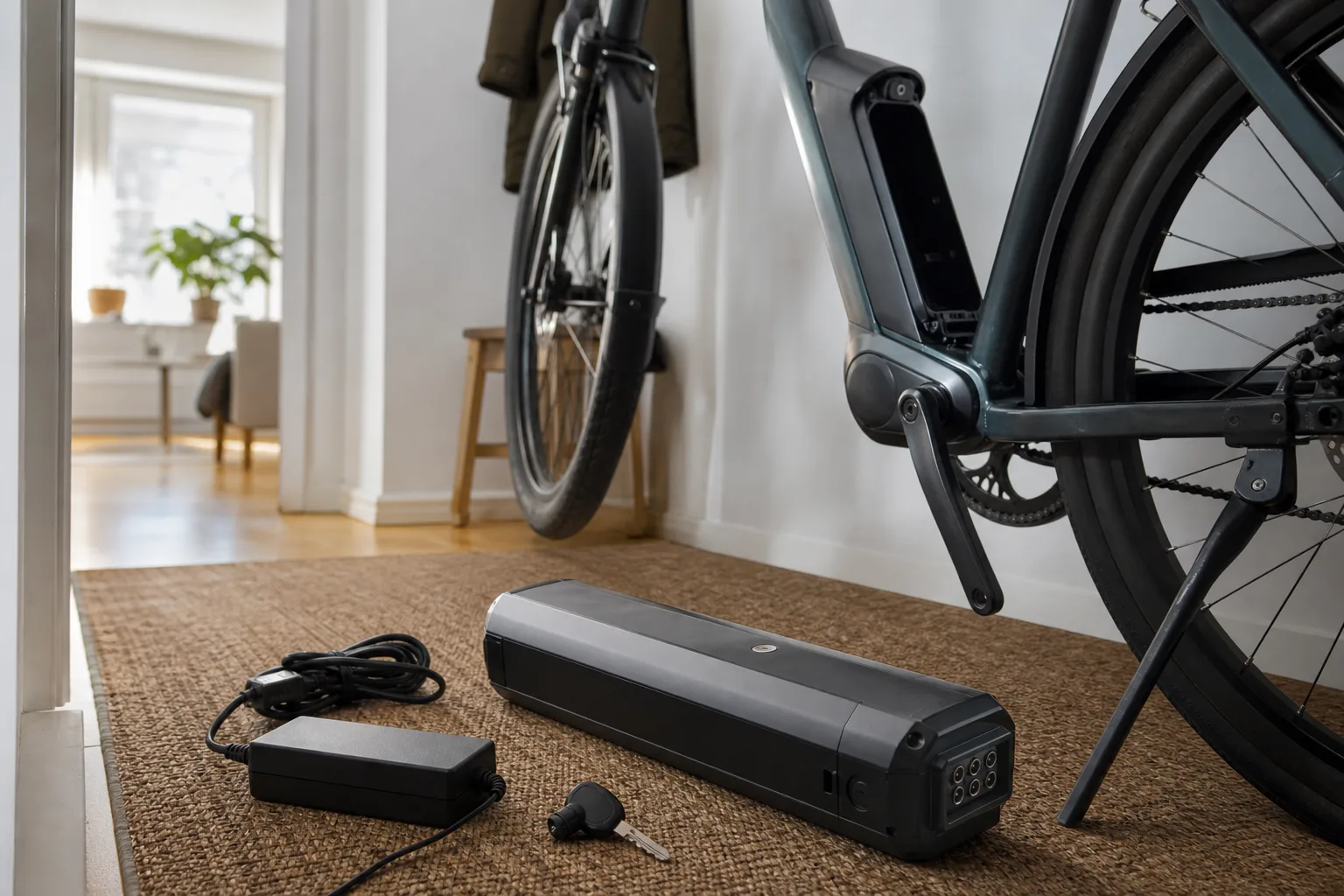 Löst elcykelbatteri och laddare på hallgolv