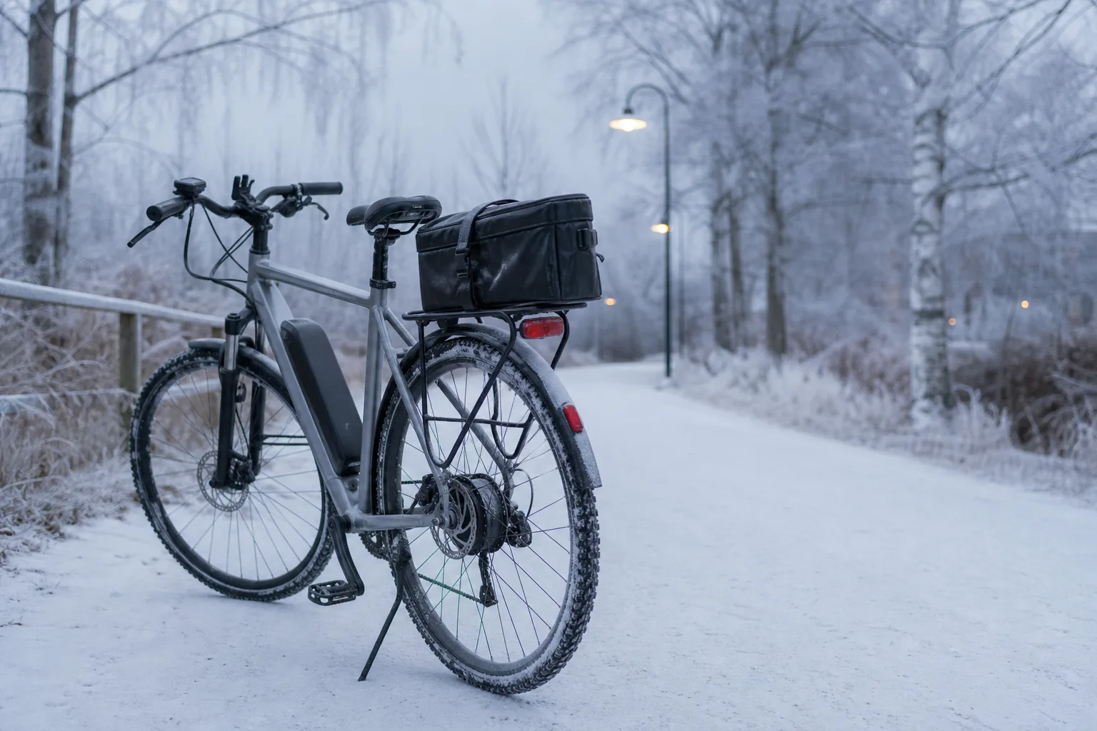Elcykel med batteri i vinterkyla