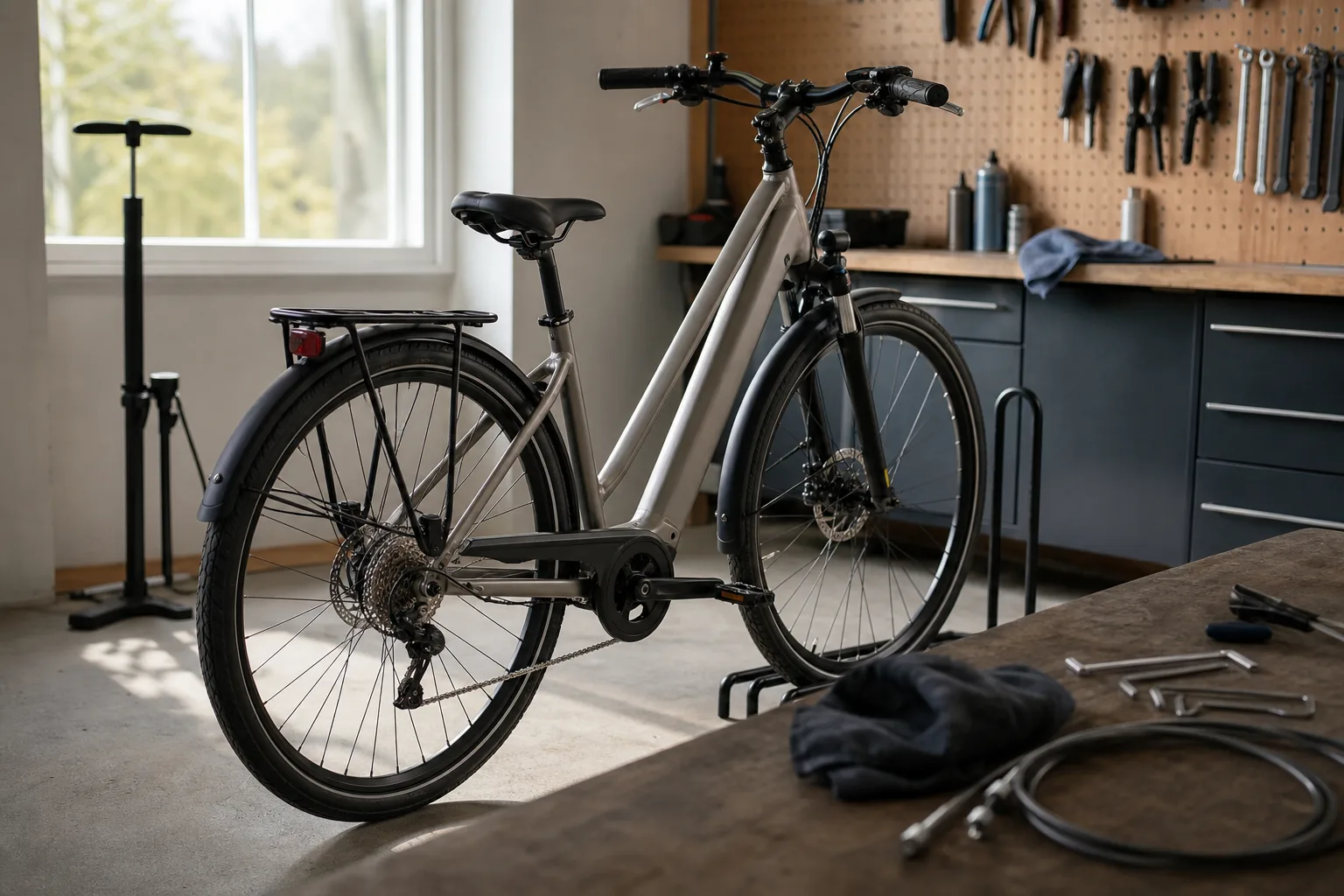 Elcykel får service i liten verkstad