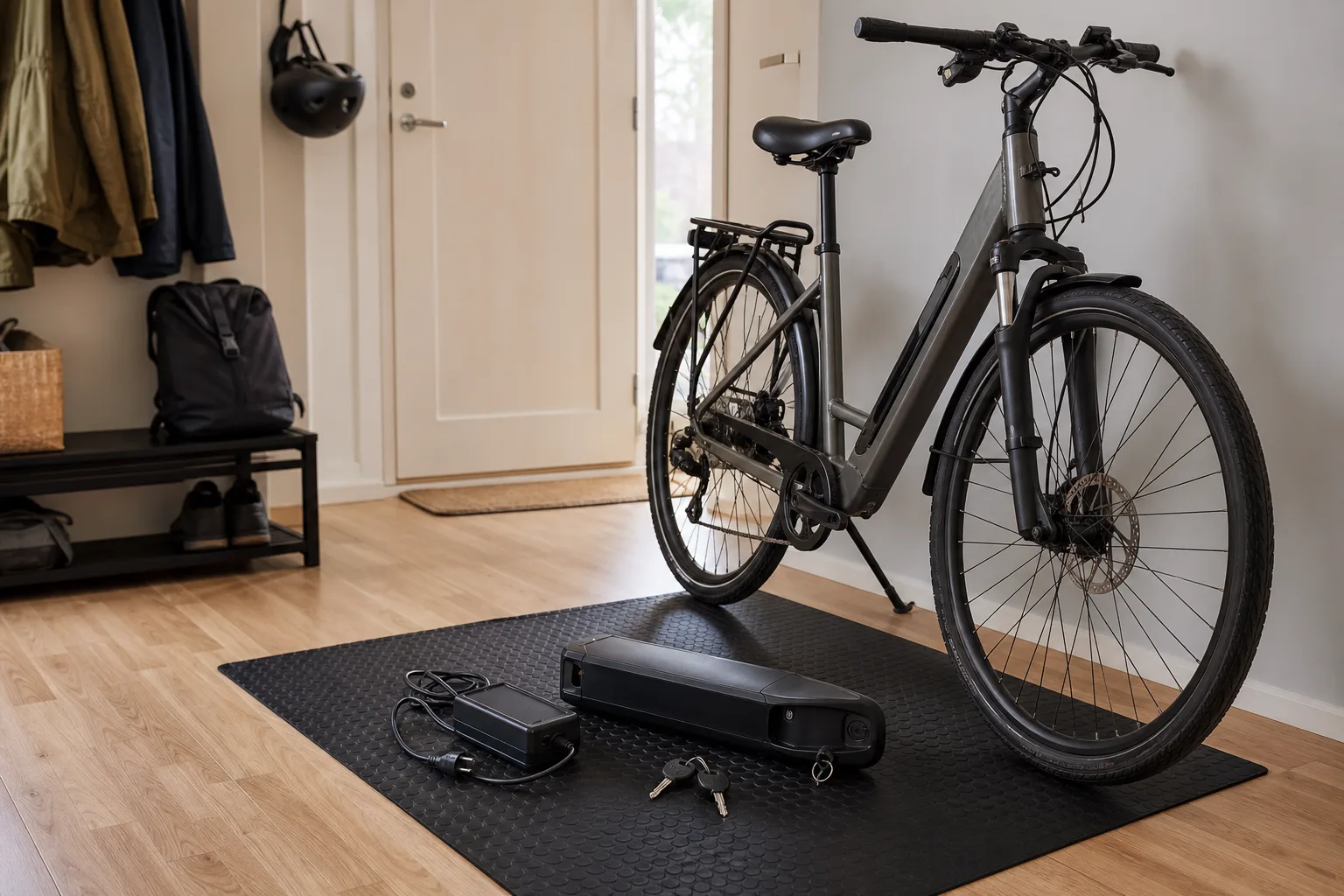 Elcykel, batteri och laddare i hall