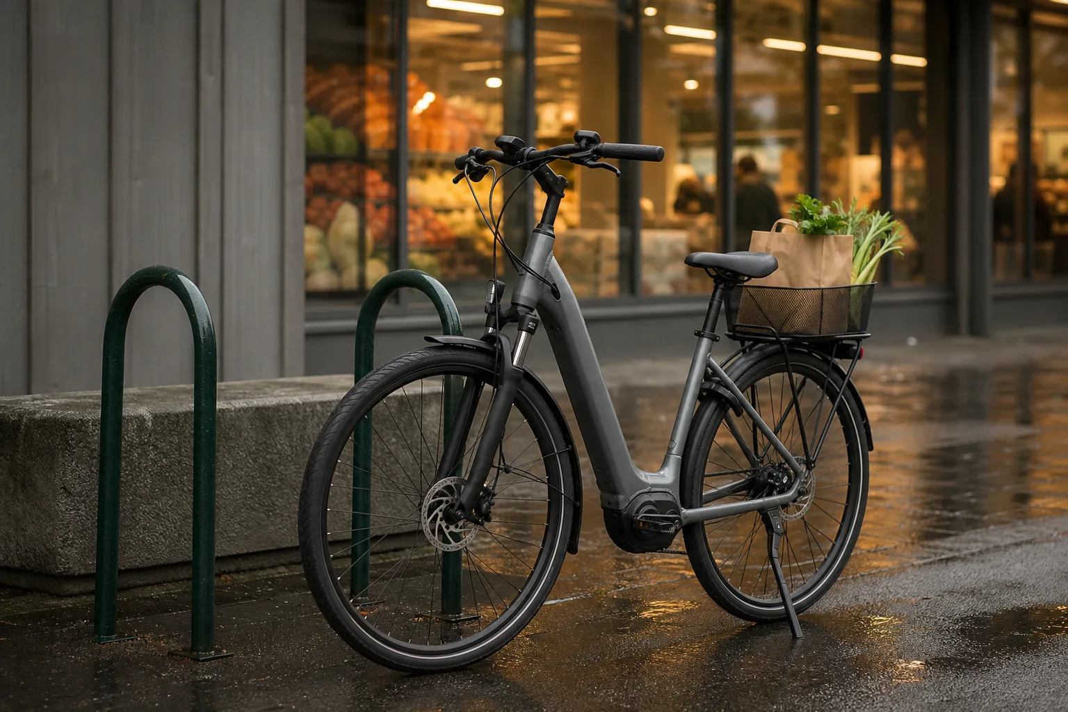 Lågramad elcykel utanför mataffär