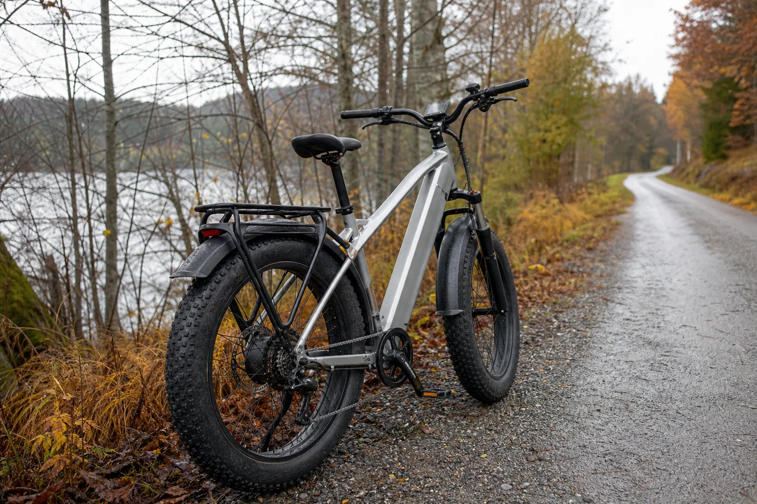 Fatbike-elcykel vid våt grusväg