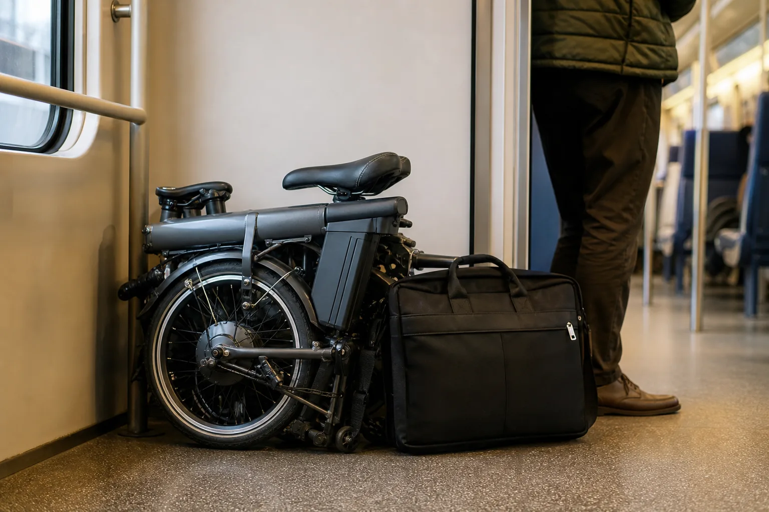 Hopfällbar elcykel i tågets cykelutrymme