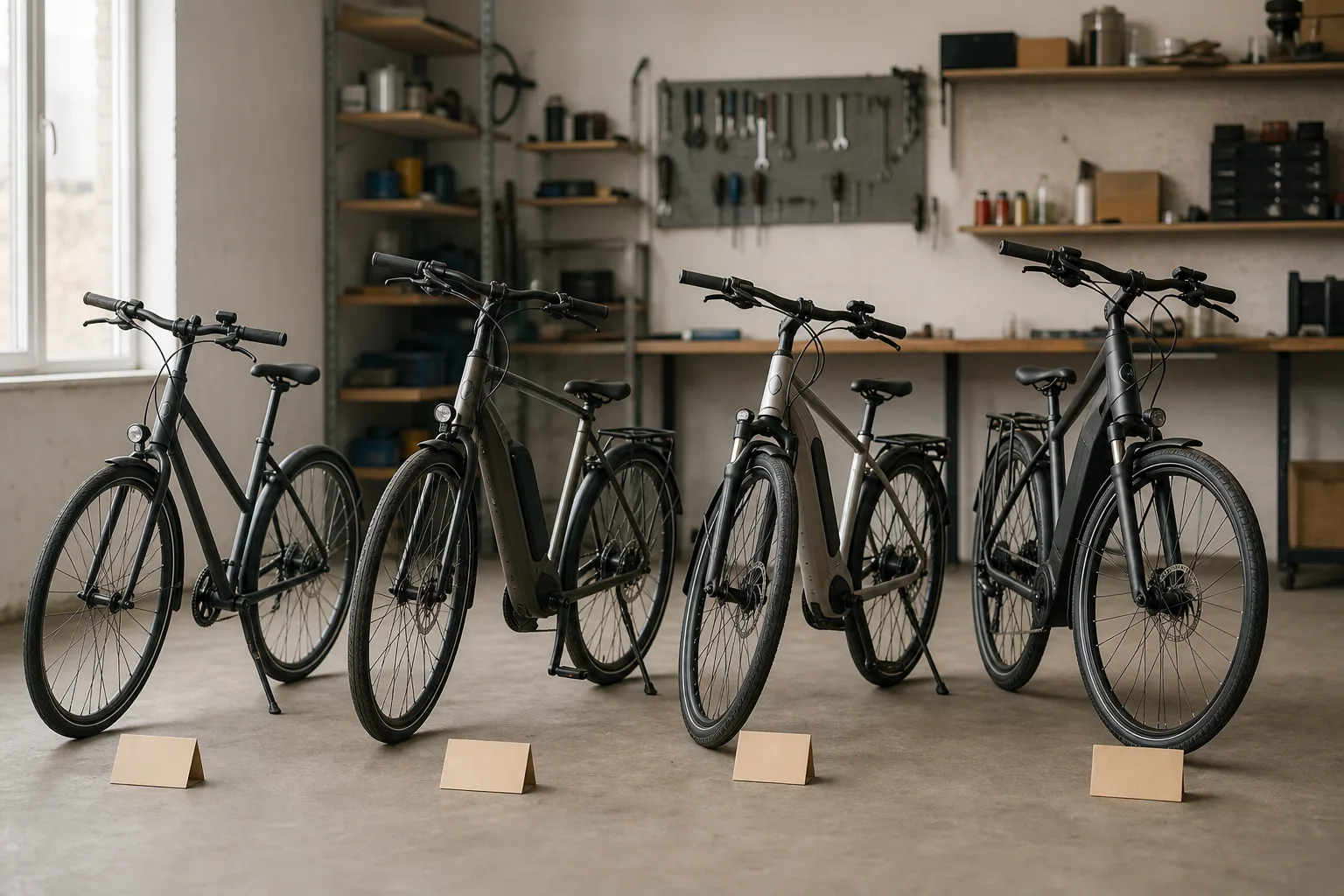 Elcyklar i olika prisklasser i verkstad