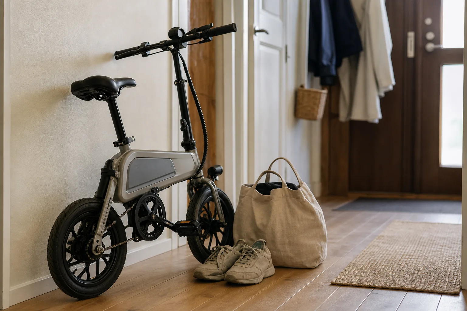 Liten hopfällbar elcykel i smal hall