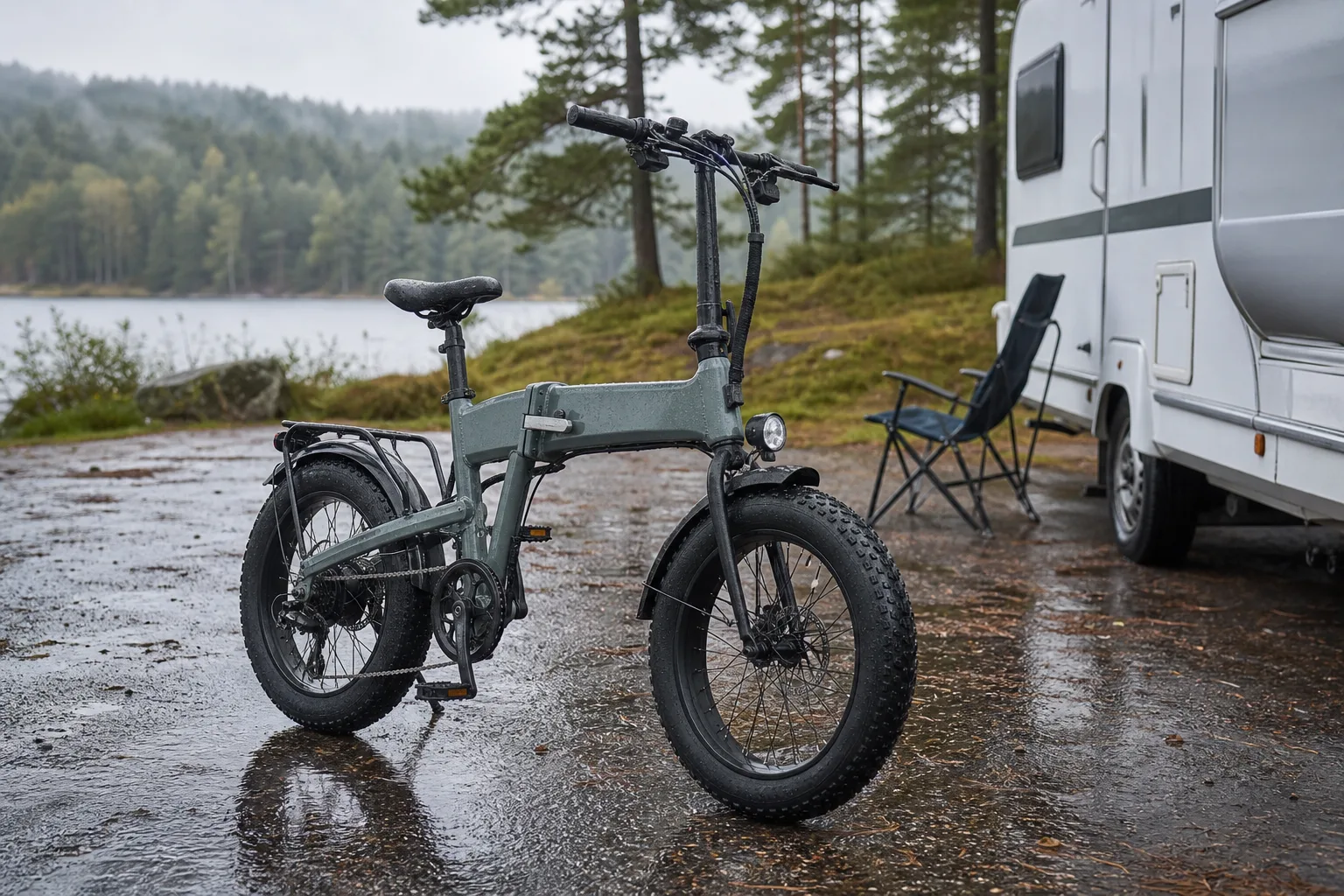 Hopfällbar elcykel vid husbilsplats