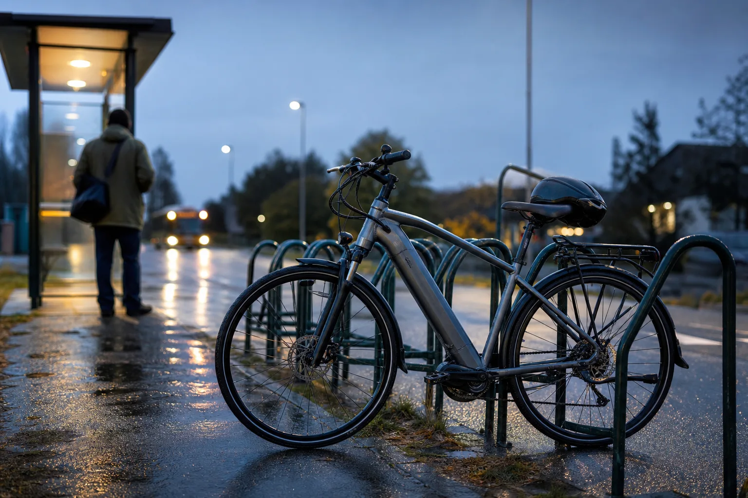 Elcykel vid busshållplats i kvällsregn