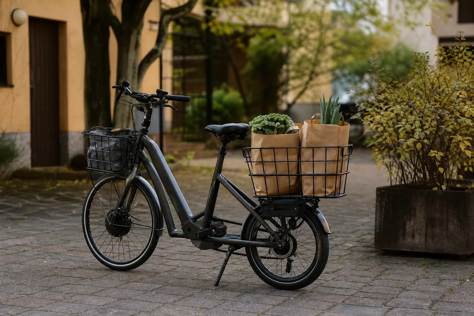 Elcykel med korg och matkassar