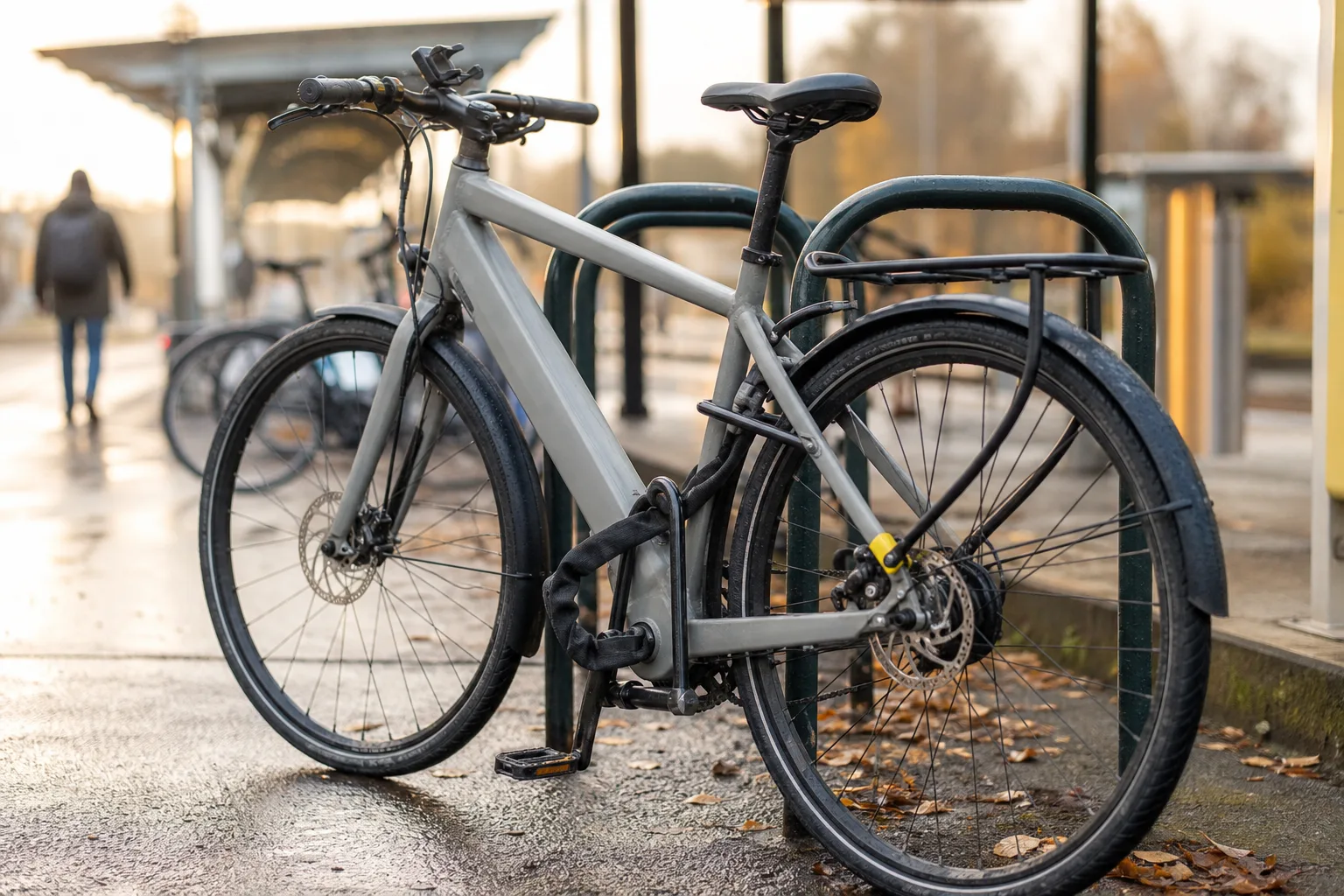 Elcykel med bygellås vid station