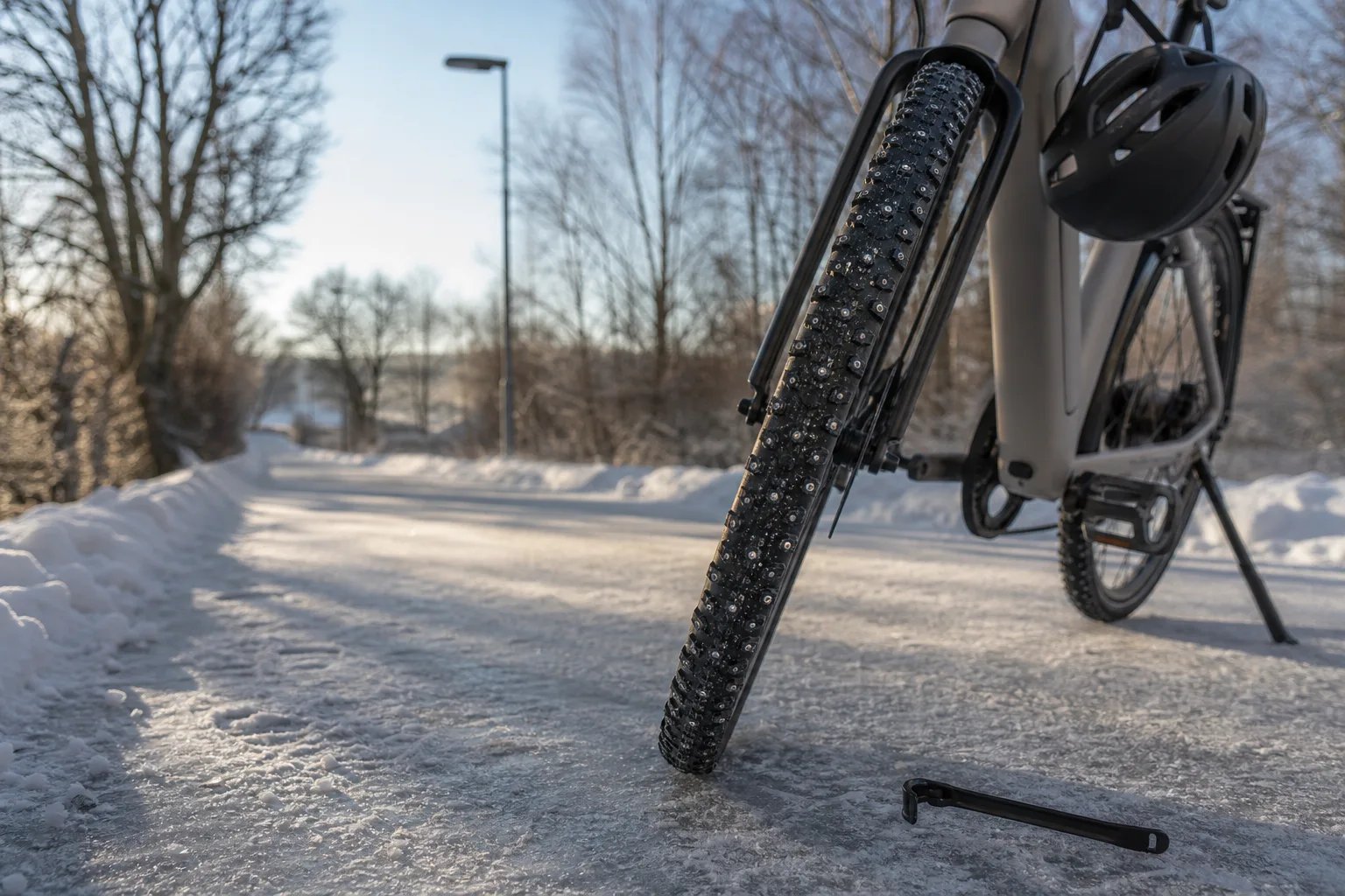 Dubbdäck på elcykel vid snöig cykelbana