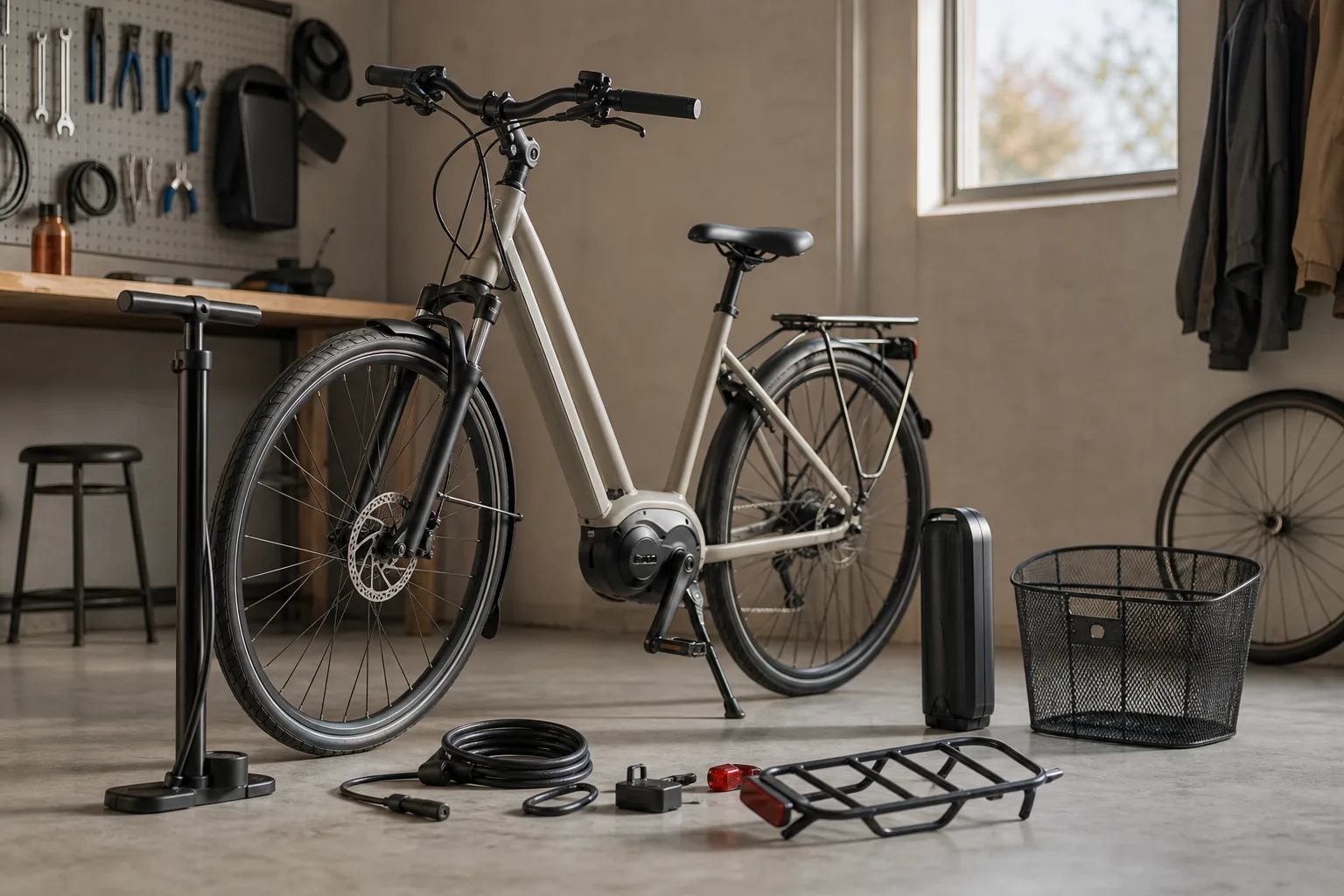 Elcykel med däck och tillbehör i verkstad