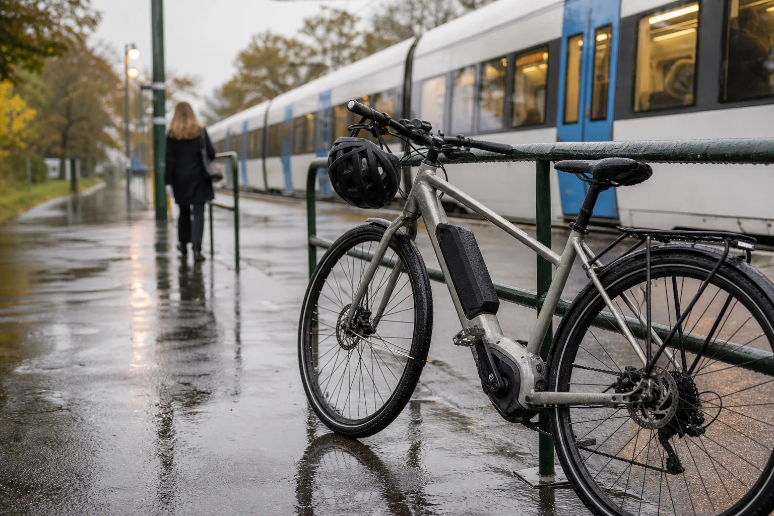 Elcykel vid pendeltåg i regn