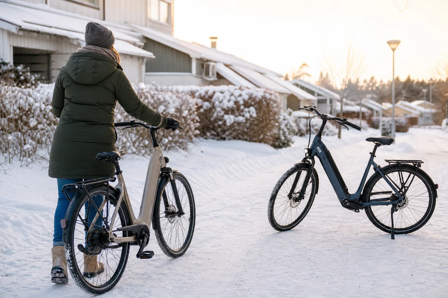 Två elcyklar med lågt insteg på en cykelbana utanför ett radhusområde