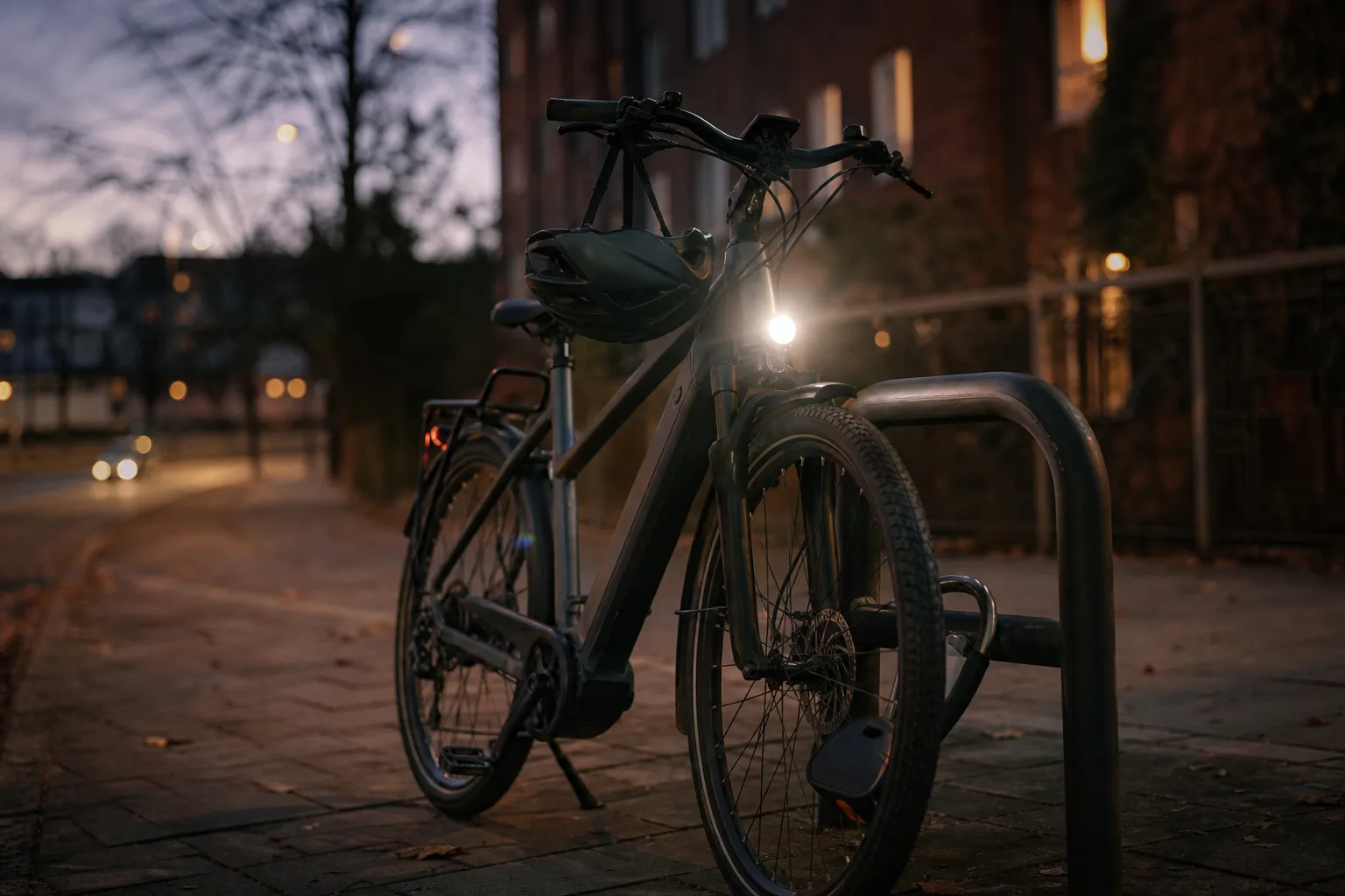 Låst elcykel med hjälm i skymning