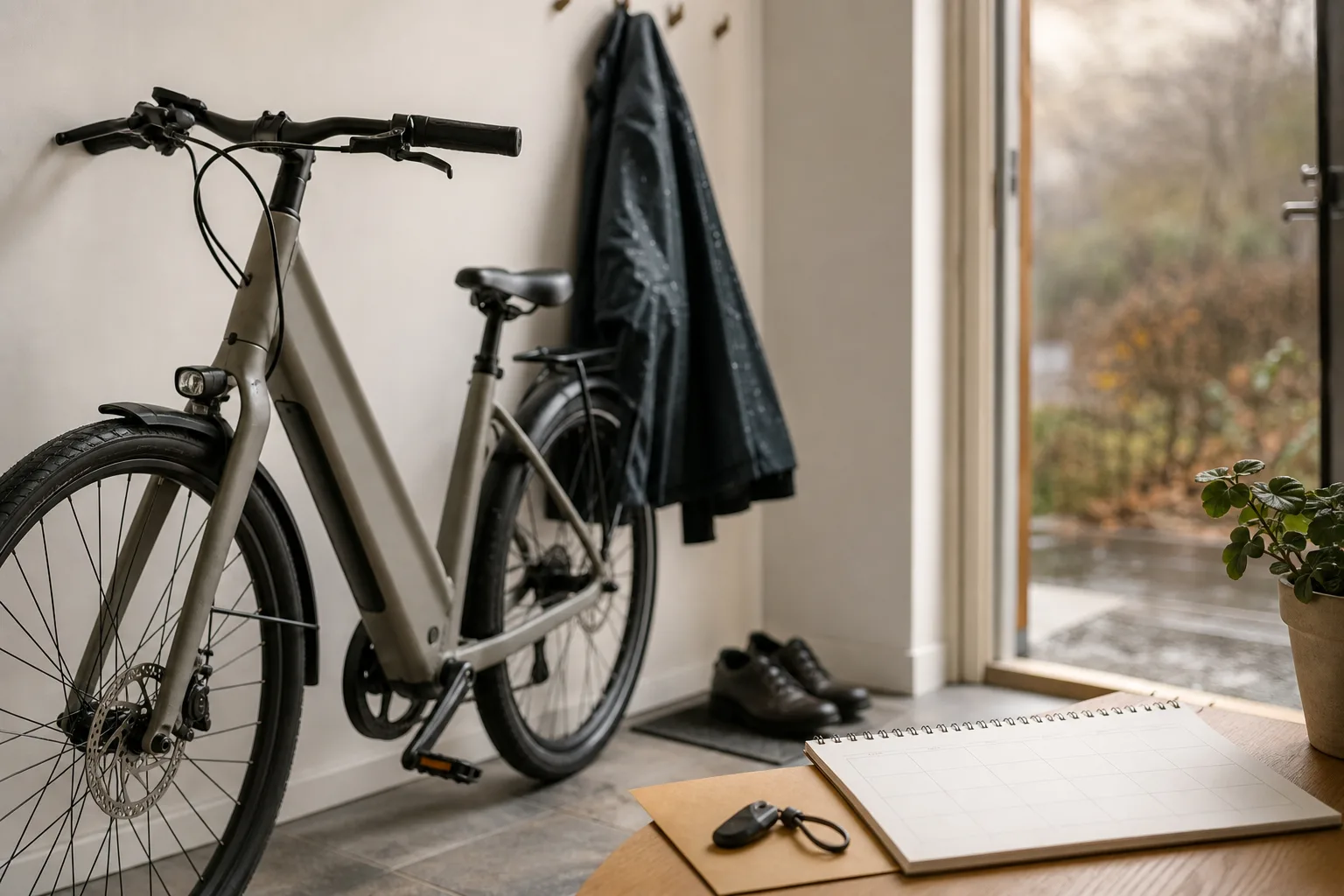 Elcykelnyckel och kalender i hall