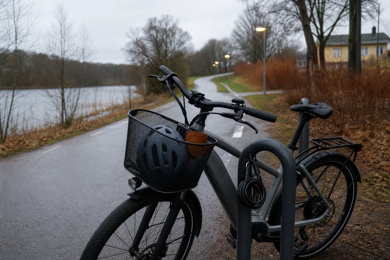 Elcykel med hjälm och lås vid cykelbana
