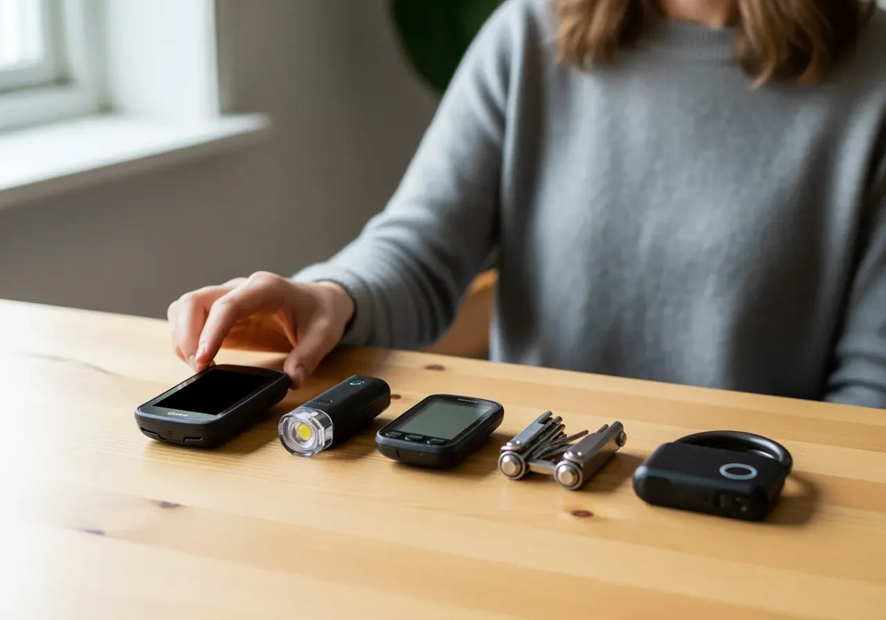 Smarta cykeltillbehör som ligger på ett bord